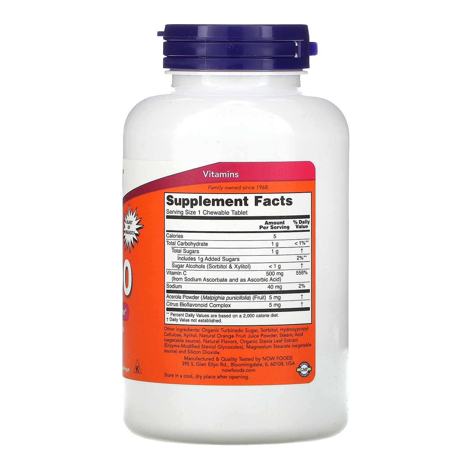 Now Foods, Chewable C-500, Orange Juice Flavor, 100 Tablets UPC 733739006301 | HiLife Vitamins