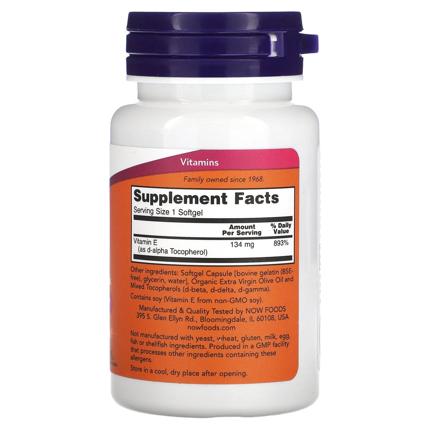 Now Foods, E-200 with Mixed Tocopherols, 134 mg (200 IU), 100 Softgels UPC 733739008800 | HiLife Vitamins