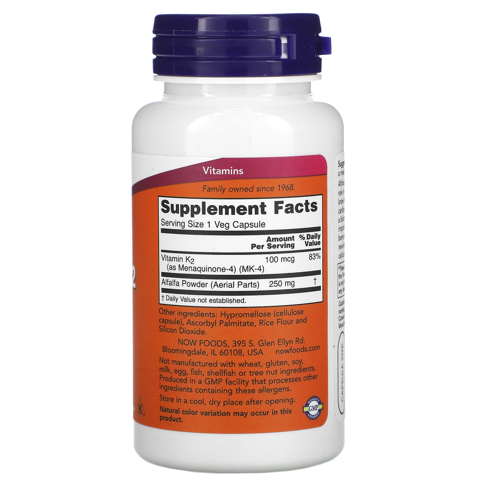 Now Foods, Vitamin K-2, 100 mcg, 100 Veg Capsules UPC 733739009906 | HiLife Vitamins