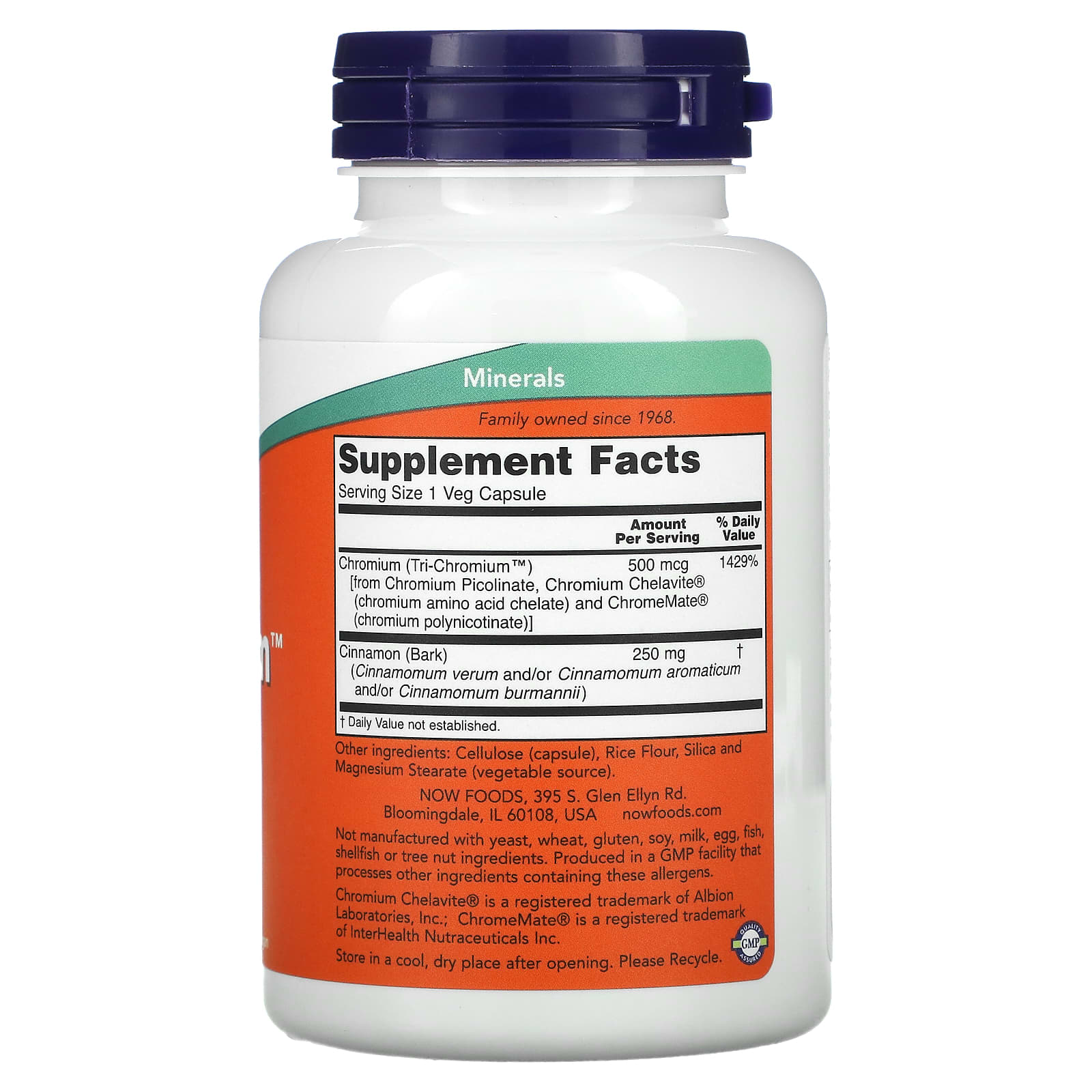 Now Foods, Tri-Chromium 500mcg + Cinnamon 180, 180 Vegetarian Capsules UPC 733739014269 | HiLife Vitamins