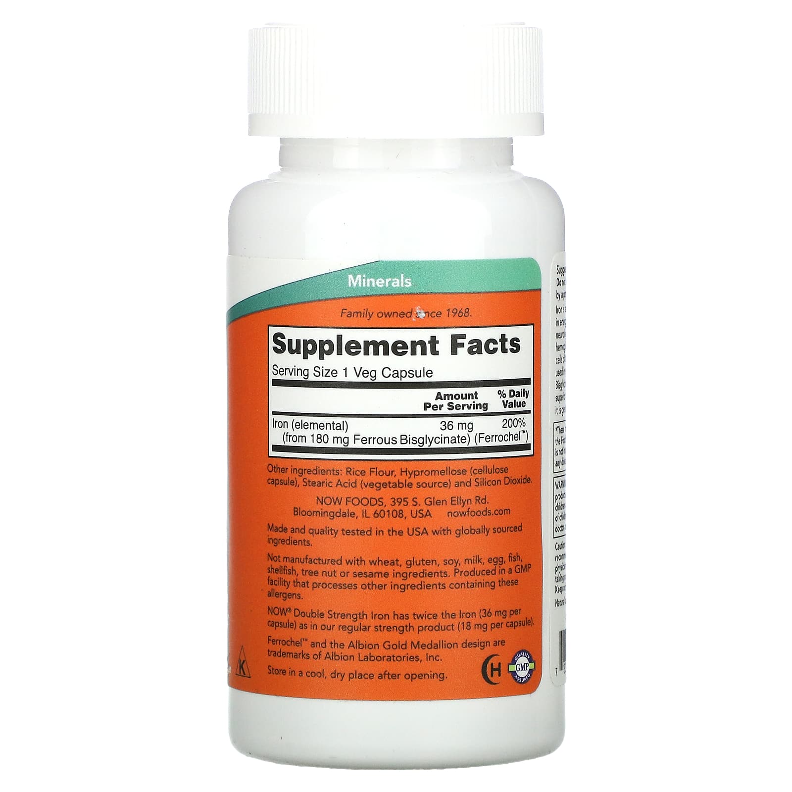 Now Foods, Iron 36mg Ferrochel, 90 Vegetarian Capsules UPC 733739014443 | HiLife Vitamins