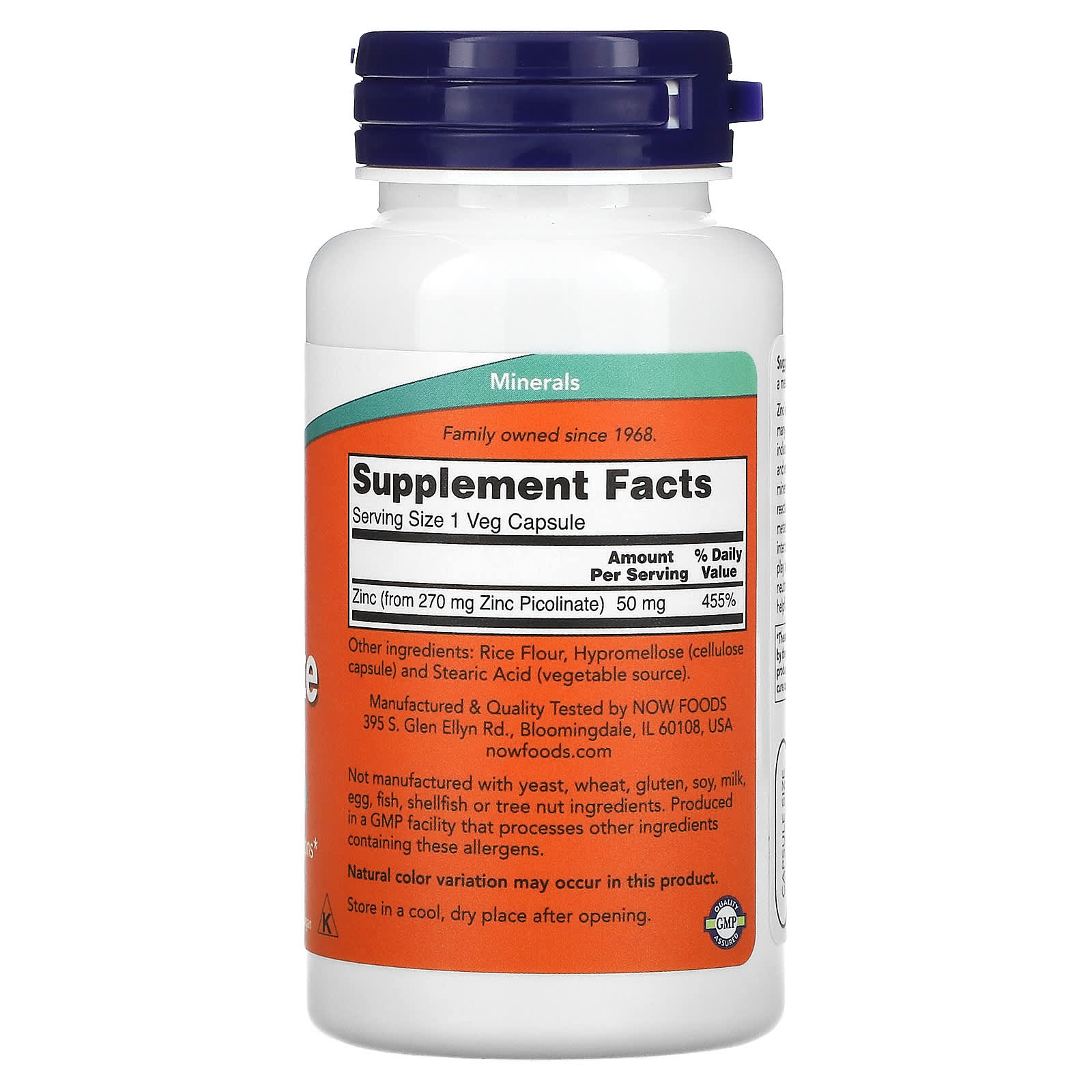 Now Foods, Zinc Picolinate 50 mg, 120 Capsules UPC 733739015525 | HiLife Vitamins