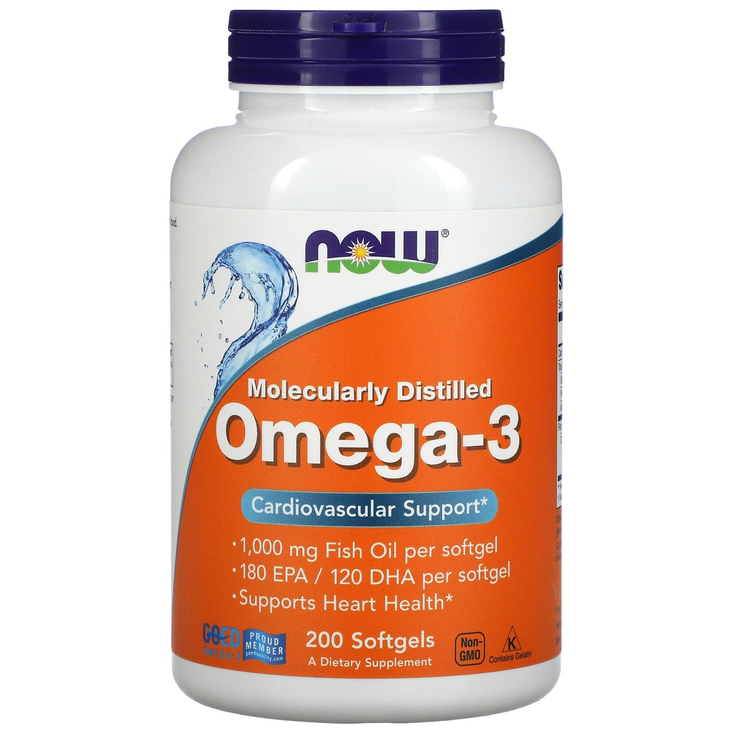 Now Foods, Molecularly Distilled, Omega-3, 180 EPA /120 DHA, 200 Softgels UPC 733739016522 | HiLife Vitamins