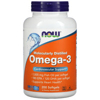 Now Foods, Molecularly Distilled, Omega-3, 180 EPA /120 DHA, 200 Softgels UPC 733739016522 | HiLife Vitamins