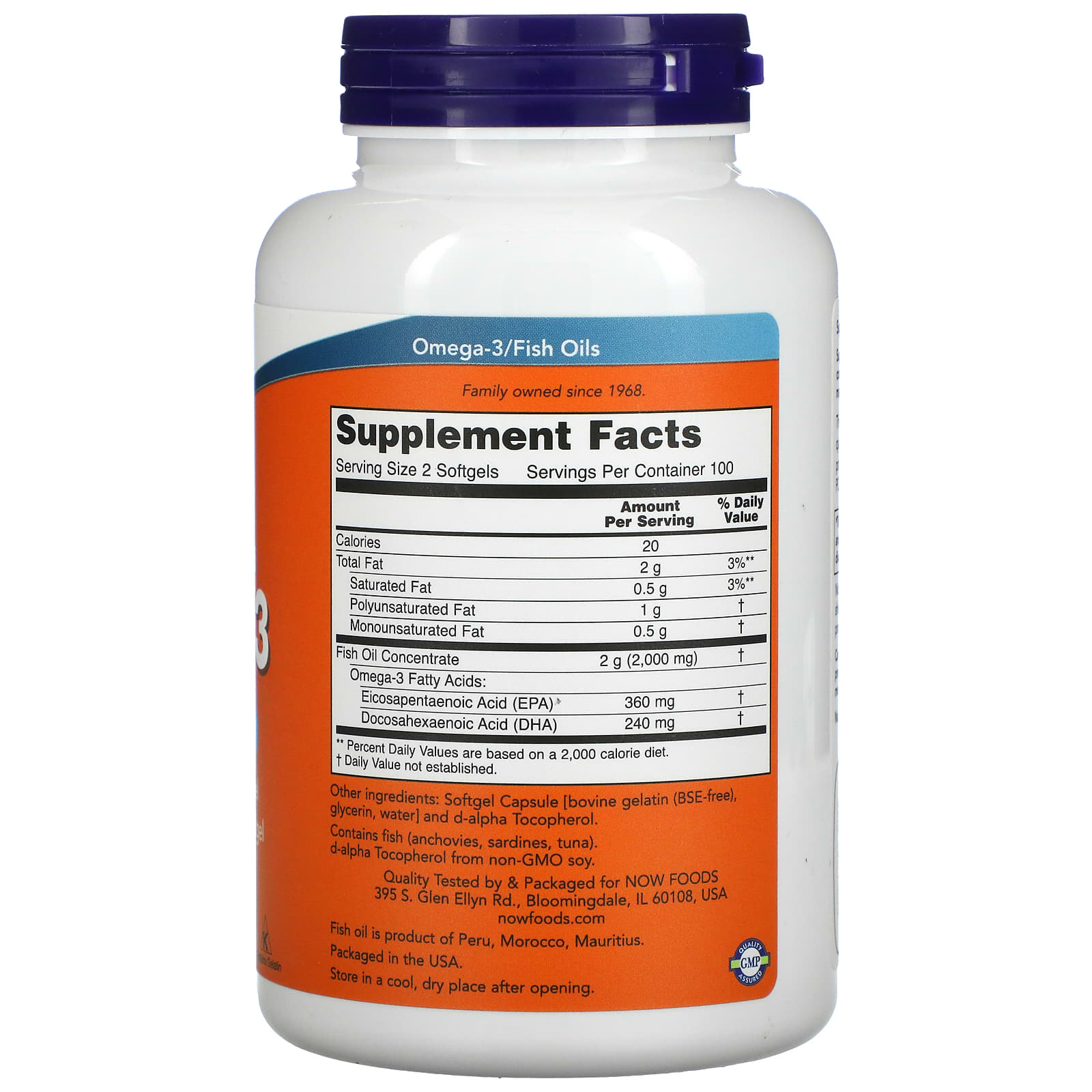 Now Foods, Molecularly Distilled, Omega-3, 180 EPA /120 DHA, 200 Softgels UPC 733739016522 | HiLife Vitamins