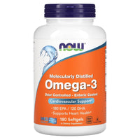 Now Foods, Molecularly Distilled, Omega-3, 180 EPA / 120 DHA, 180 Softgels UPC 733739016577 | HiLife Vitamins