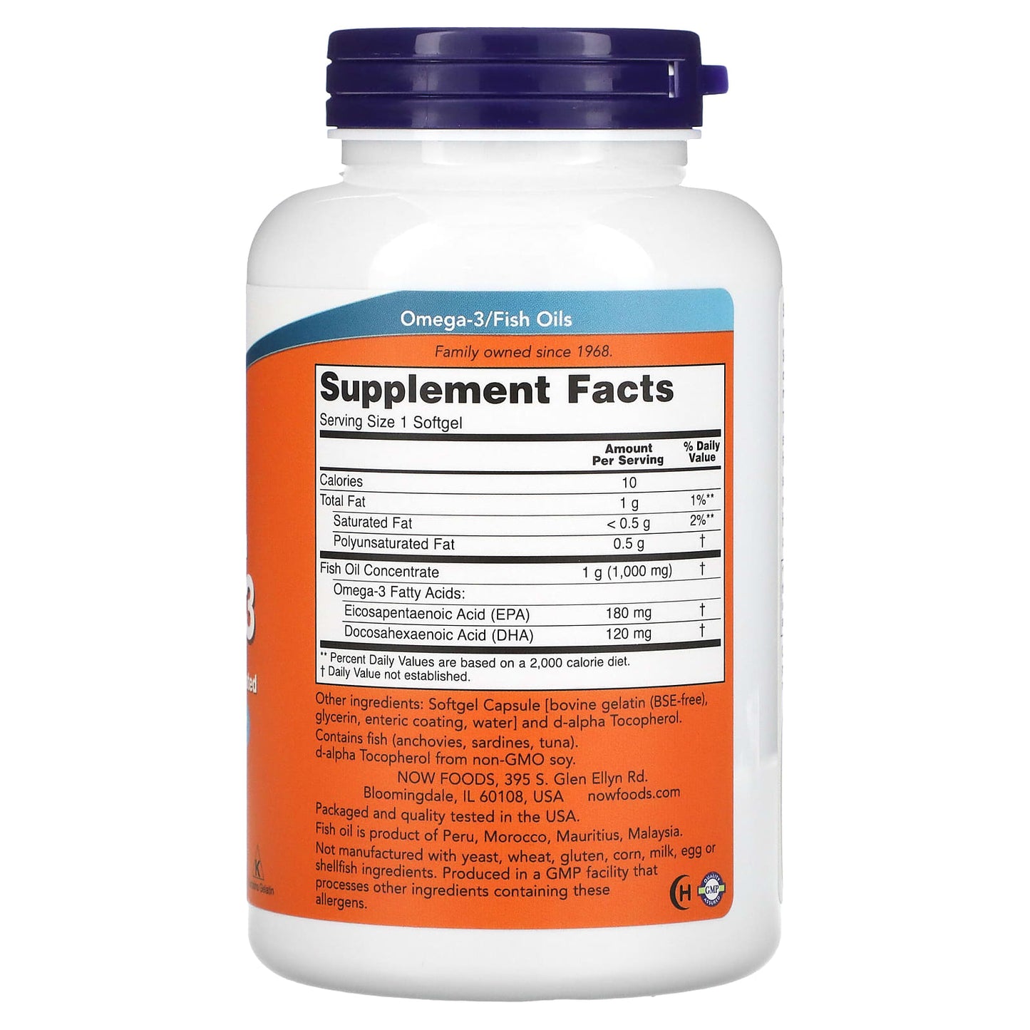 Now Foods, Molecularly Distilled, Omega-3, 180 EPA / 120 DHA, 180 Softgels UPC 733739016577 | HiLife Vitamins