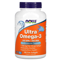 Now Foods, Ultra Omega-3, 500 EPA / 250 DHA, 180 Fish Softgels UPC 733739016652 | HiLife Vitamins