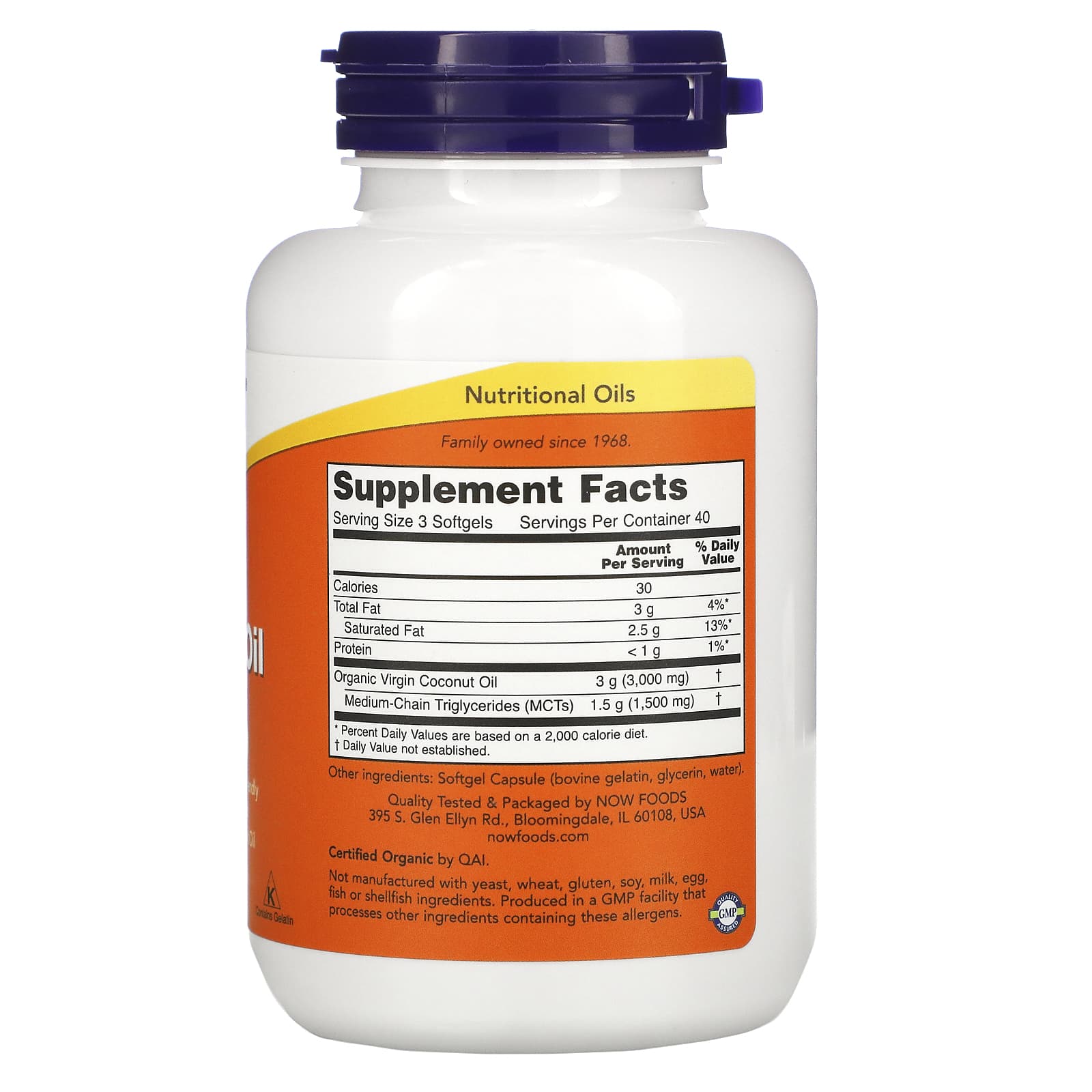 Now Foods, COCONUT OIL VIRGIN ORGANIC 1000MG 120, 120 Softgels UPC 733739017185 | HiLife Vitamins