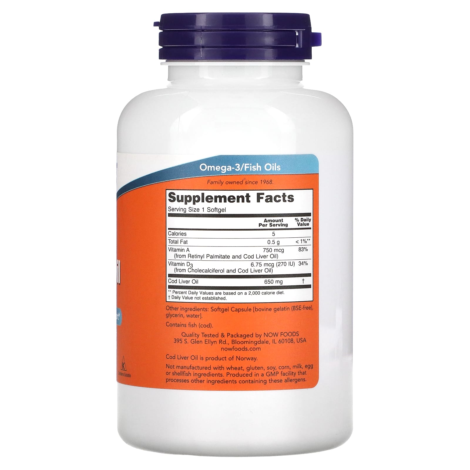 Now Foods, COD LIVER OIL 650MG, 250 Softgels UPC 733739017420 | HiLife Vitamins
