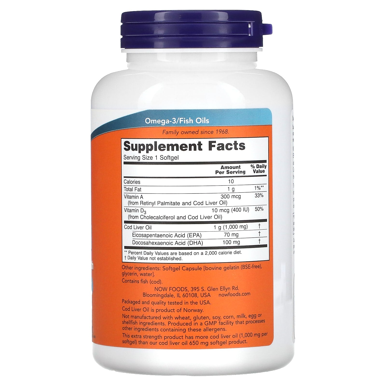 Now Foods, Cod Liver Oil 1,000mg, 180 oil UPC 733739017444 | HiLife Vitamins