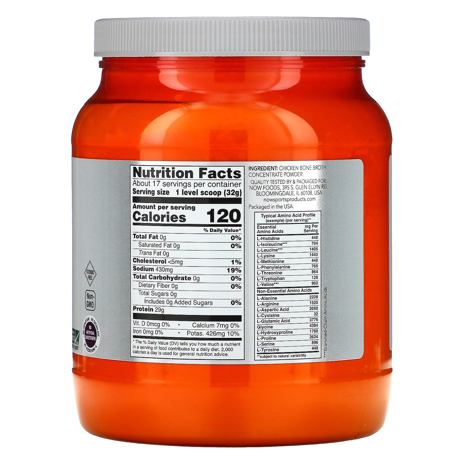 Now Foods, CHICKEN BONE BROTH PWD, 1.2 LB UPC 733739019622 | HiLife Vitamins