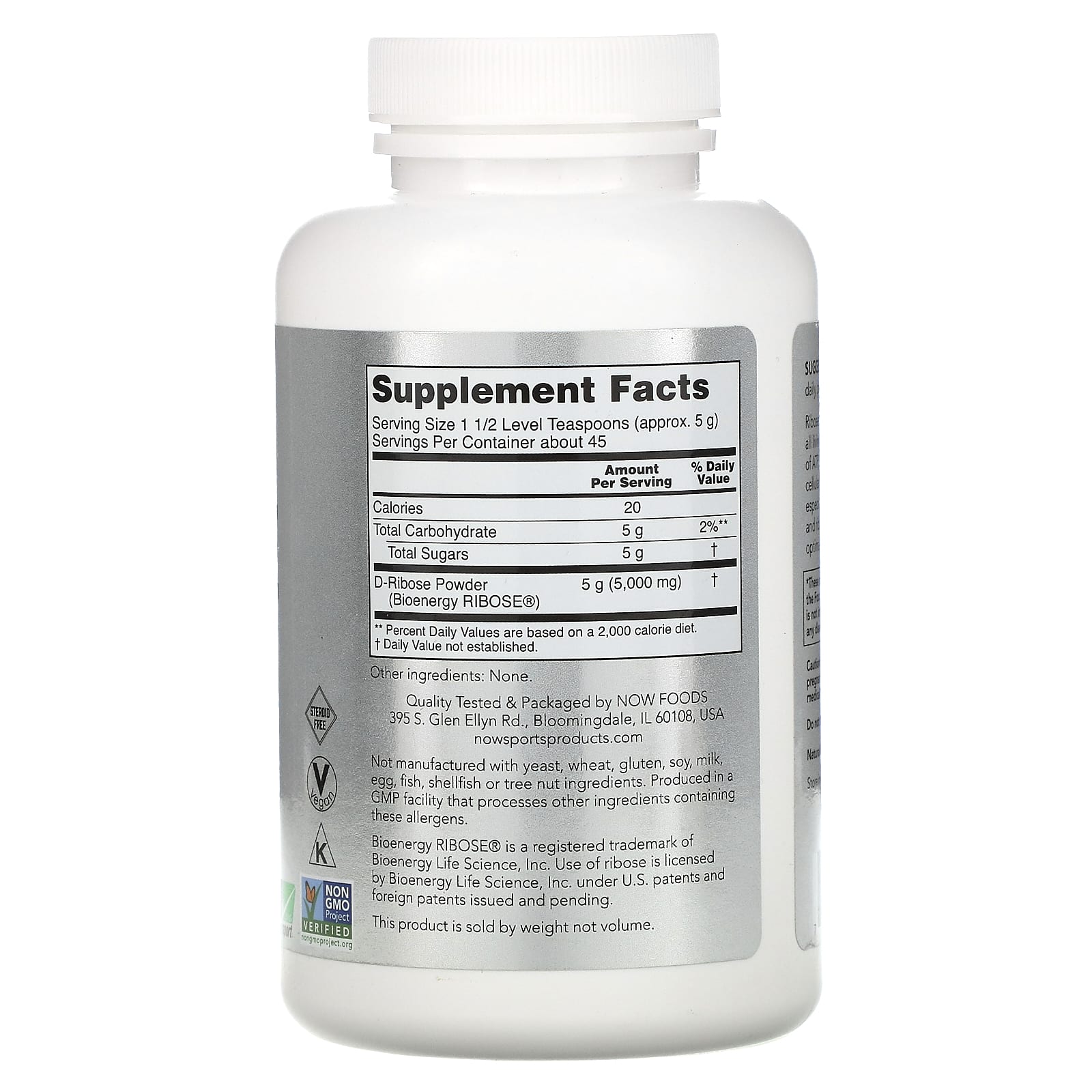 Now Foods, D-Ribose Pure, 8 OZ Powder UPC 733739021472 | HiLife Vitamins