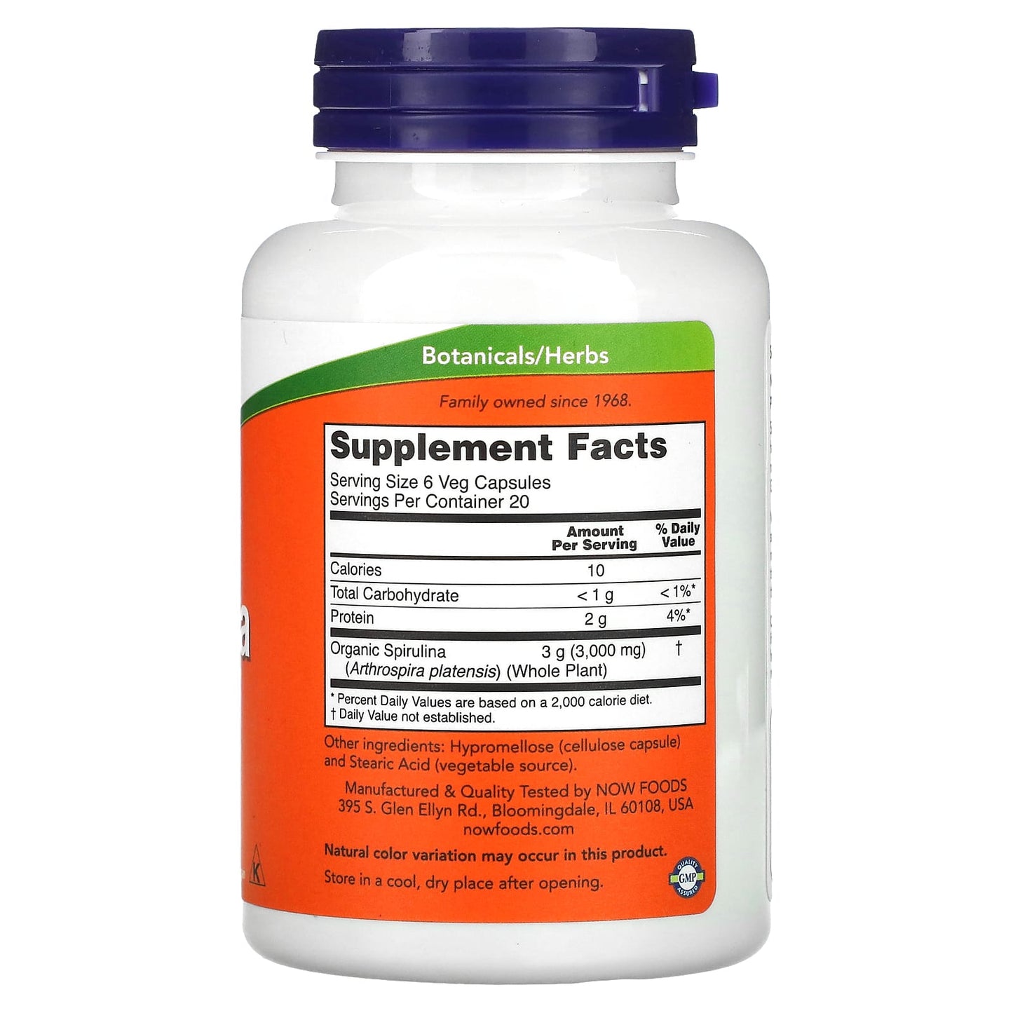 Now Foods, Spirulina 500 mg, 120 Veg Capsules UPC 733739027023 | HiLife Vitamins