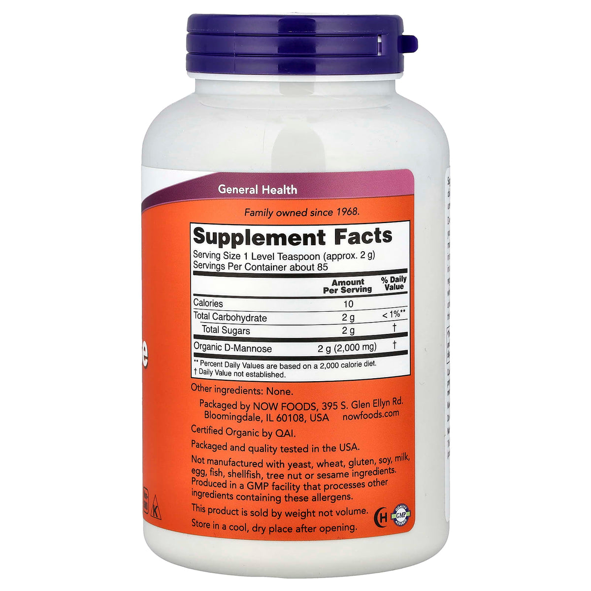 Now Foods, Certified Organic D-Mannose Pure Powder, 6 oz (170 g) Powder UPC 733739028099 | Hilife Vitamins
