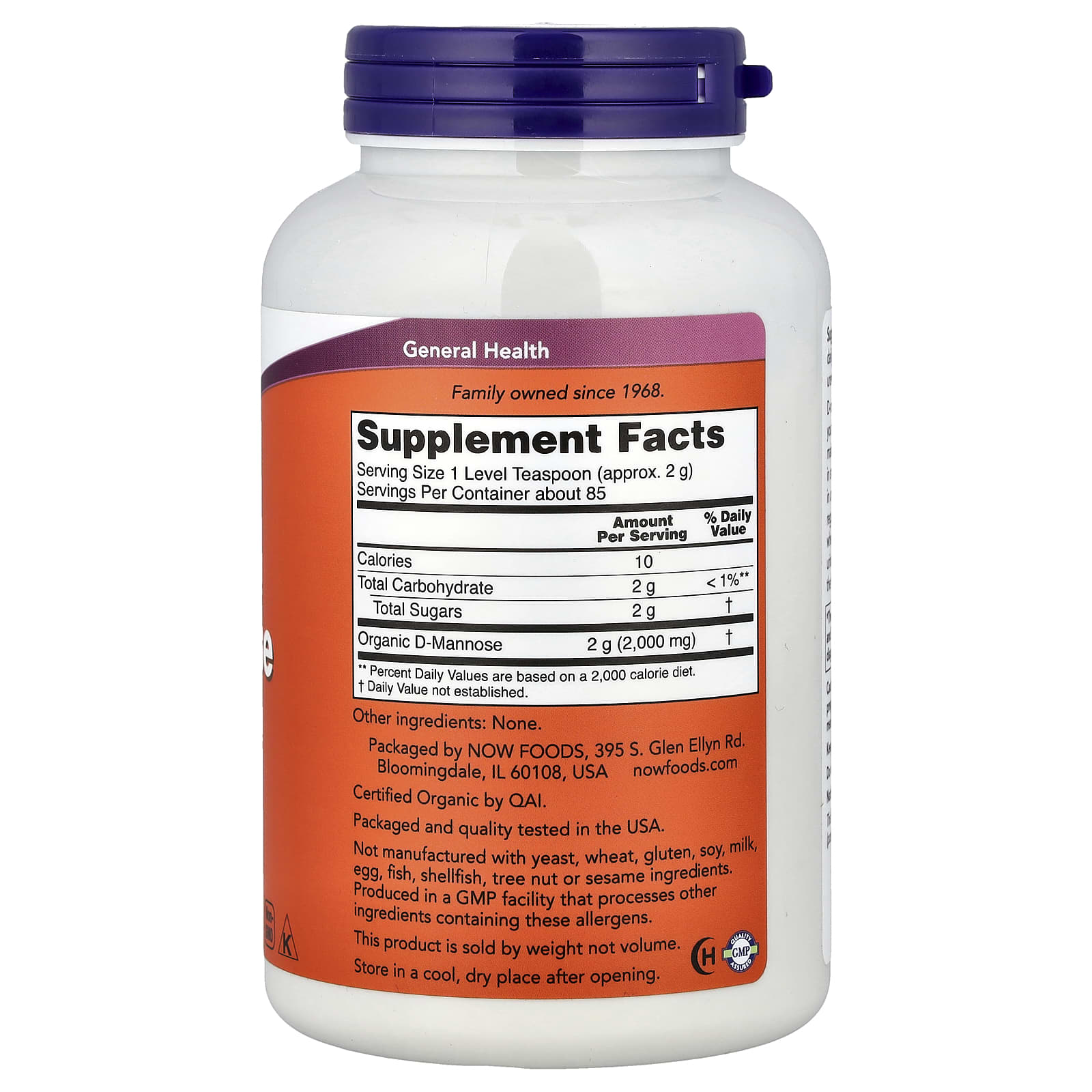 Now Foods, Certified Organic D-Mannose Pure Powder, 6 oz (170 g) Powder UPC 733739028099 | Hilife Vitamins