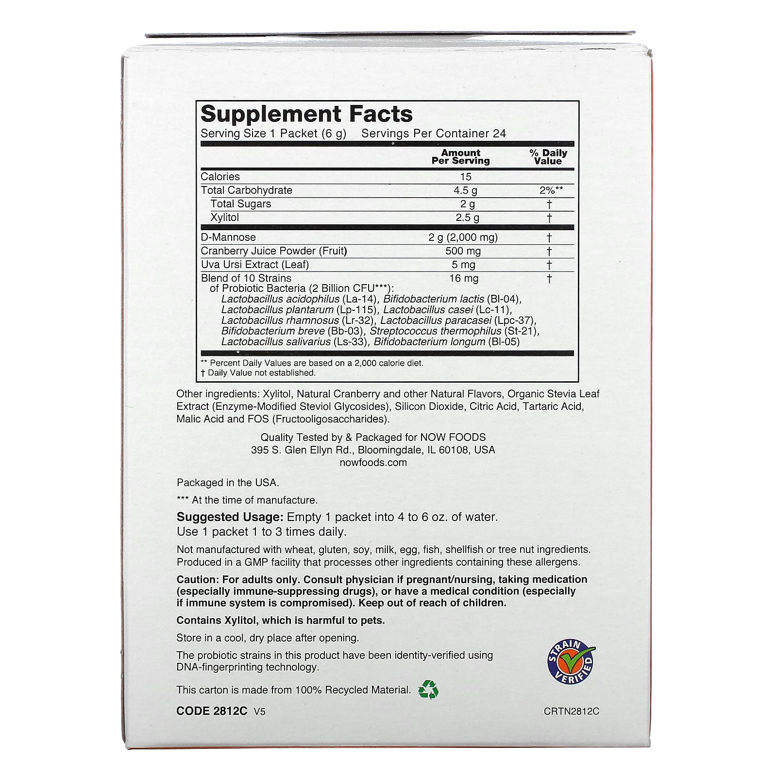 Now Foods, CRAN & MANNOSE WITH PROBIOTICS, 24 Drink Sticks UPC 733739028129 | HiLife Vitamins