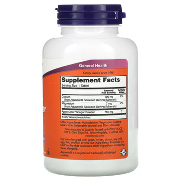 Now Foods, APPLE CIDER VINEGAR 750MG, 180 Tablets UPC 733739033765 | HiLife Vitamins
