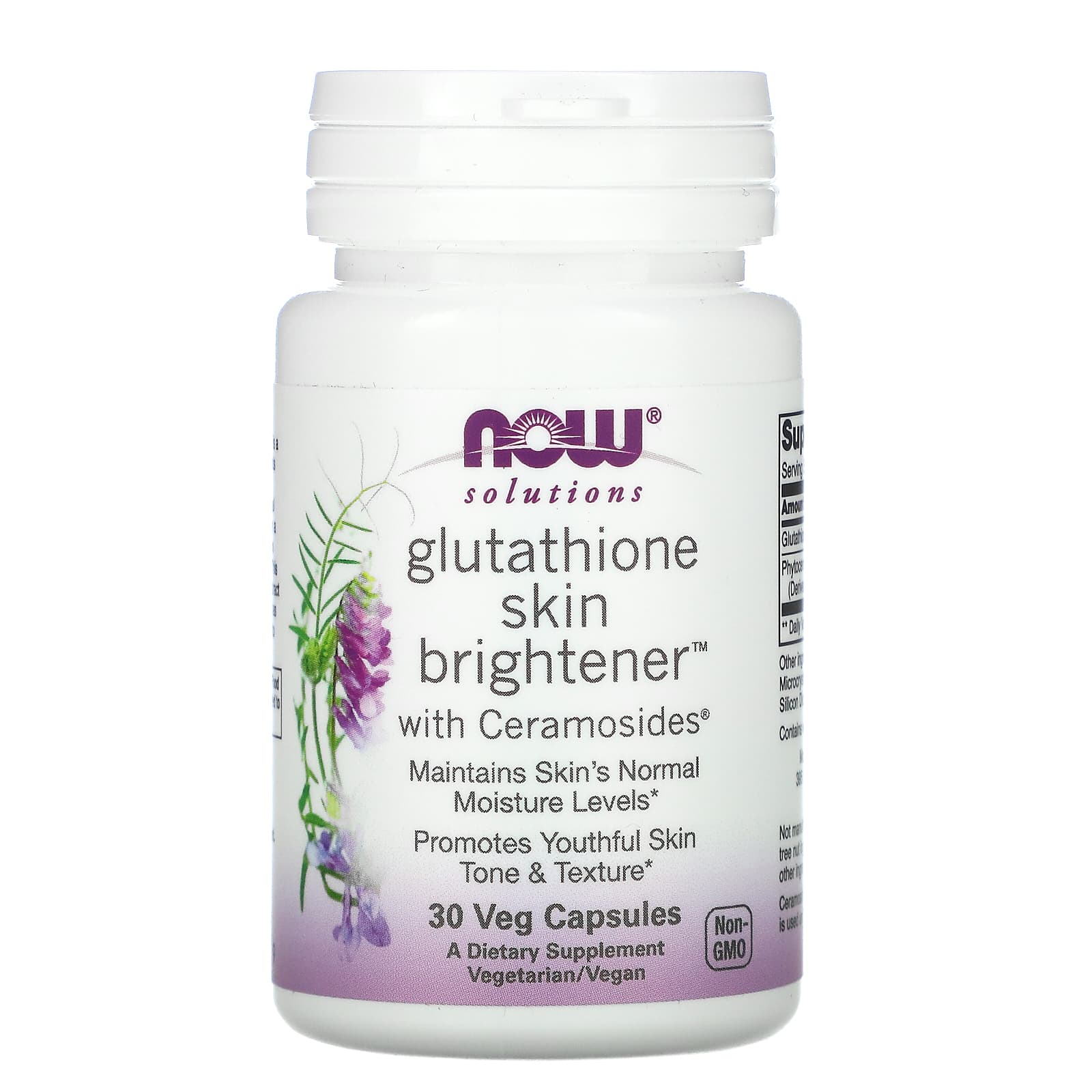 Now Foods, GLUTATHIONE SKIN BRIGHTENER W/ CERAMOSIDES, 30 Veg Caps UPC 733739033789 | HiLife Vitamins