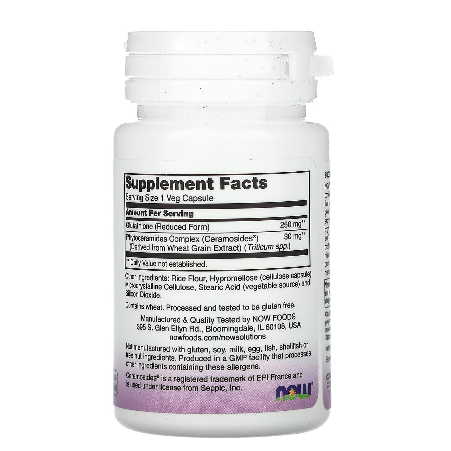 Now Foods, GLUTATHIONE SKIN BRIGHTENER W/ CERAMOSIDES, 30 Veg Caps UPC 733739033789 | HiLife Vitamins