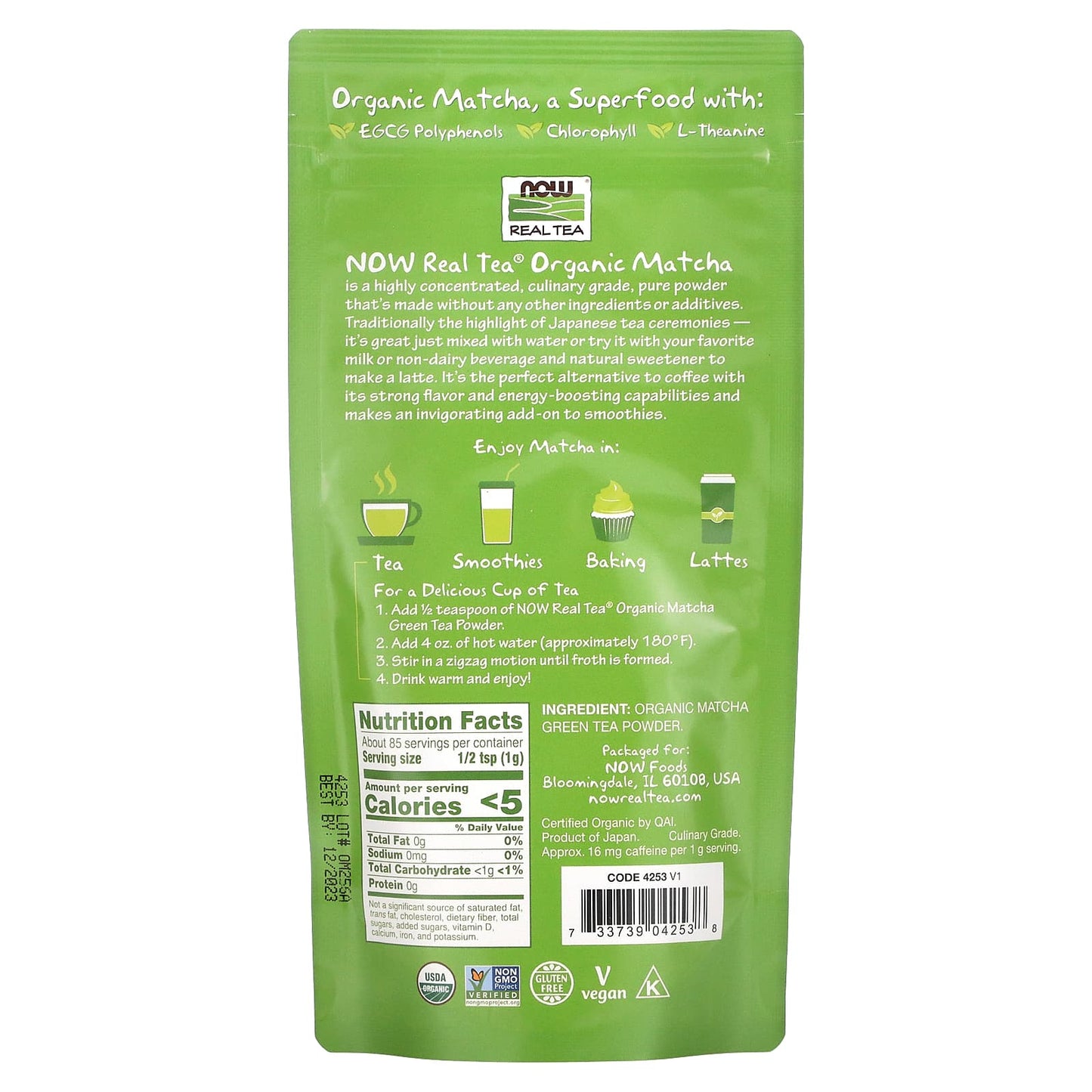Now Foods, ORGANIC MATCHA TEA, 3 Oz UPC 733739042538 | HiLife Vitamins