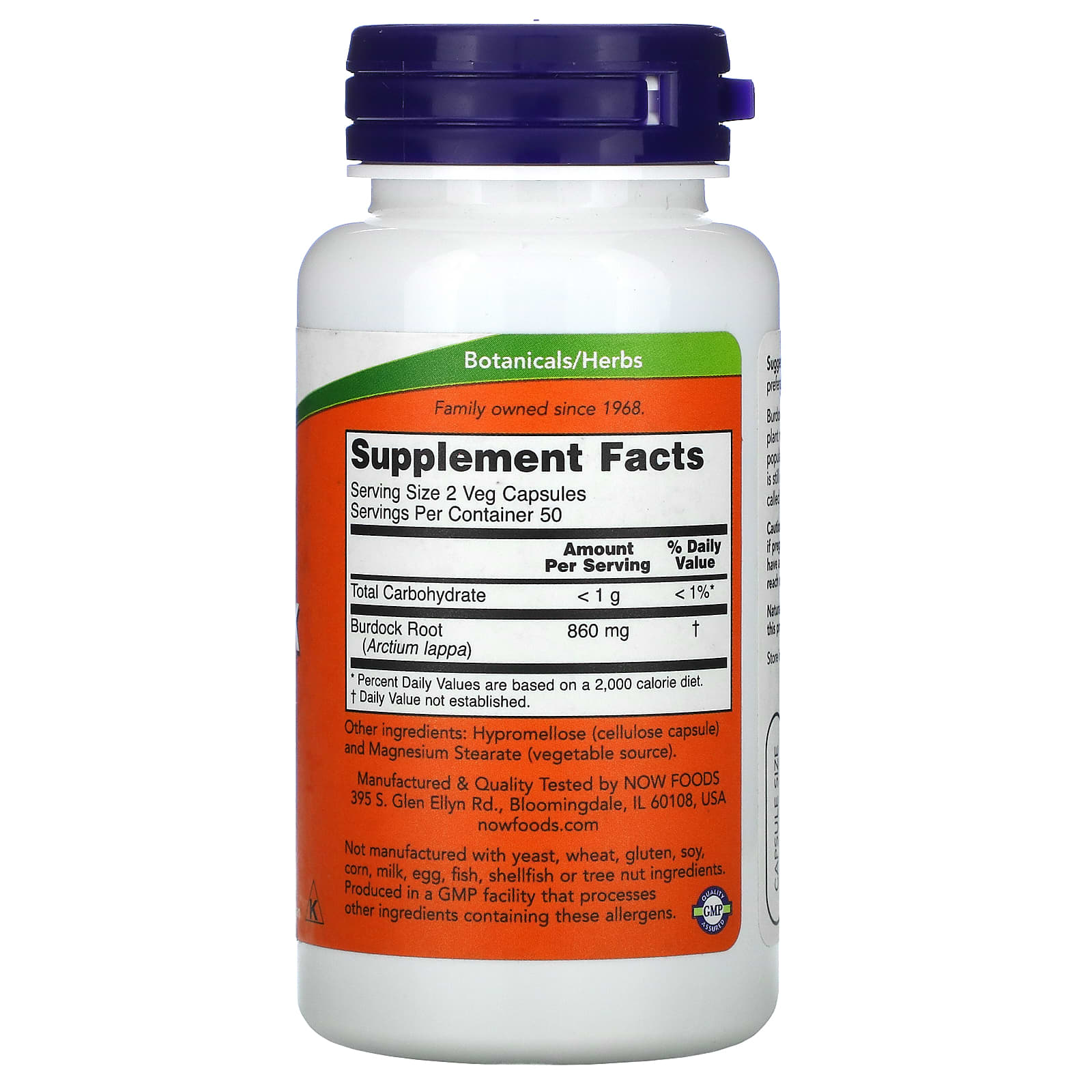 Now Foods, Burdock Root 430mg, 100 Vegetarian Capsules UPC 733739046086 | HiLife Vitamins