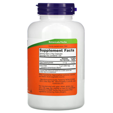 Now Foods, CAT'S CLAW 500mg, 250 Capsules UPC 733739046215 | HiLife Vitamins