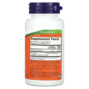 Now Foods, Dong Quai 520 mg, 100 Capsules UPC 733739046550 | HiLife Vitamins