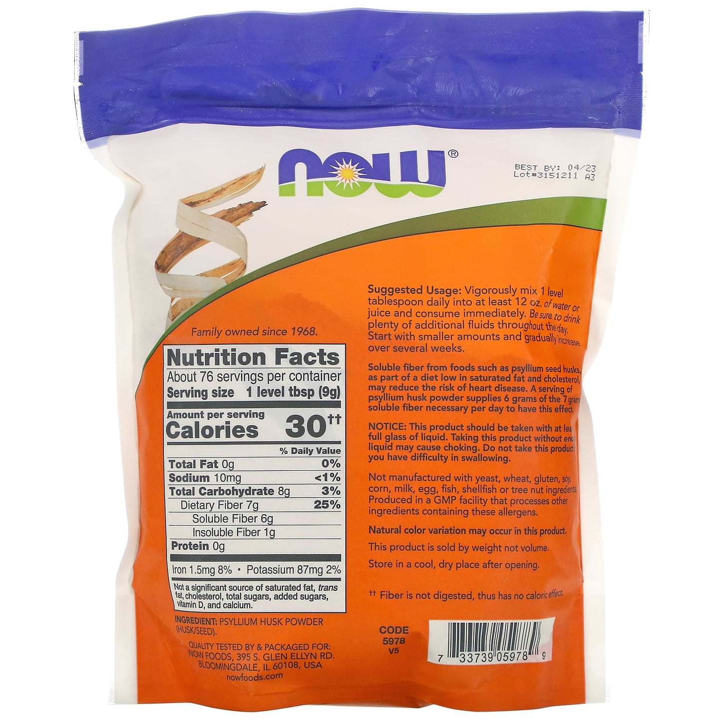 Now Foods, Psyllium Husk Powder, 24 OZ UPC 733739059789 | HiLife Vitamins