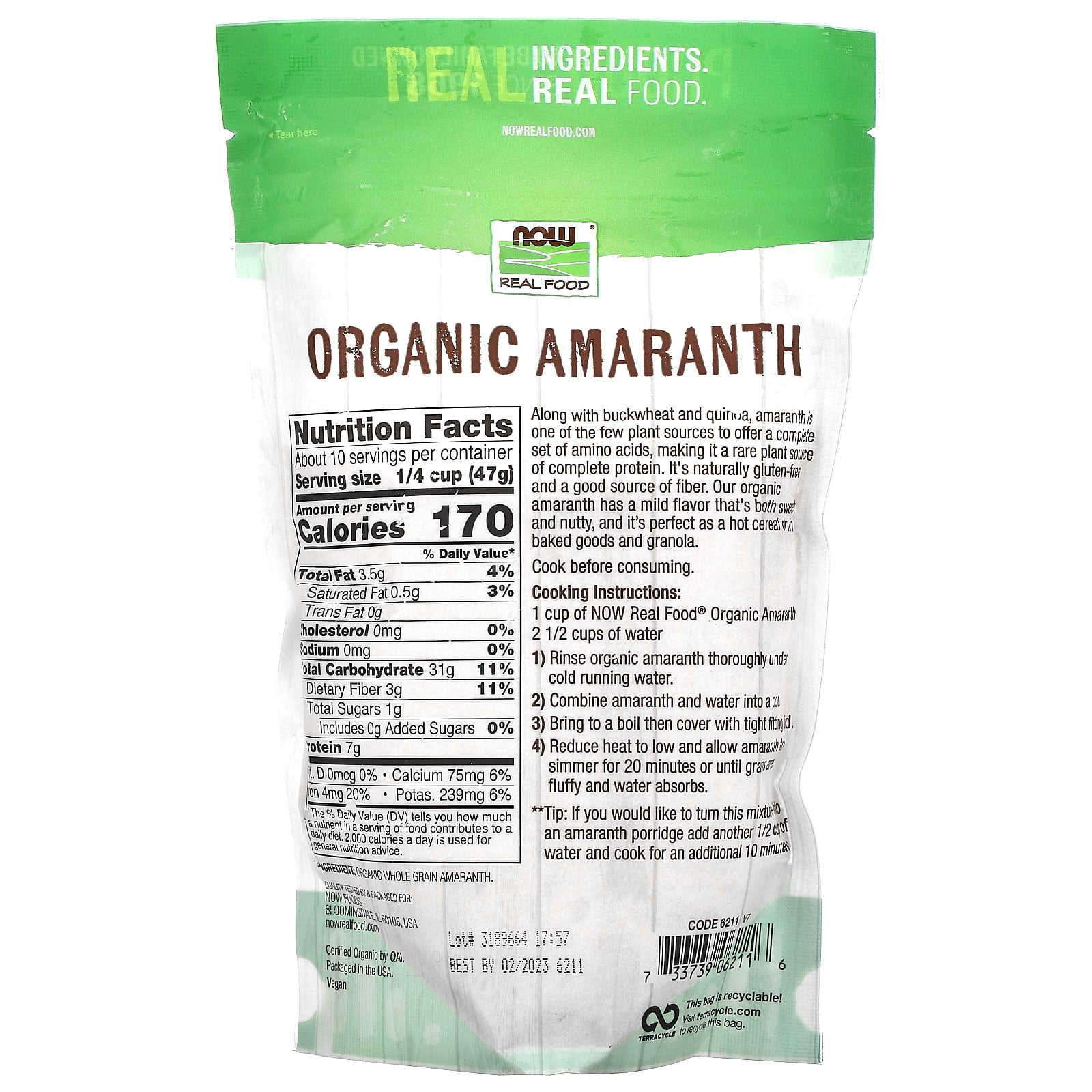 Now Foods, Amaranth Grain Organic, 1 LB UPC 733739062116 | HiLife Vitamins