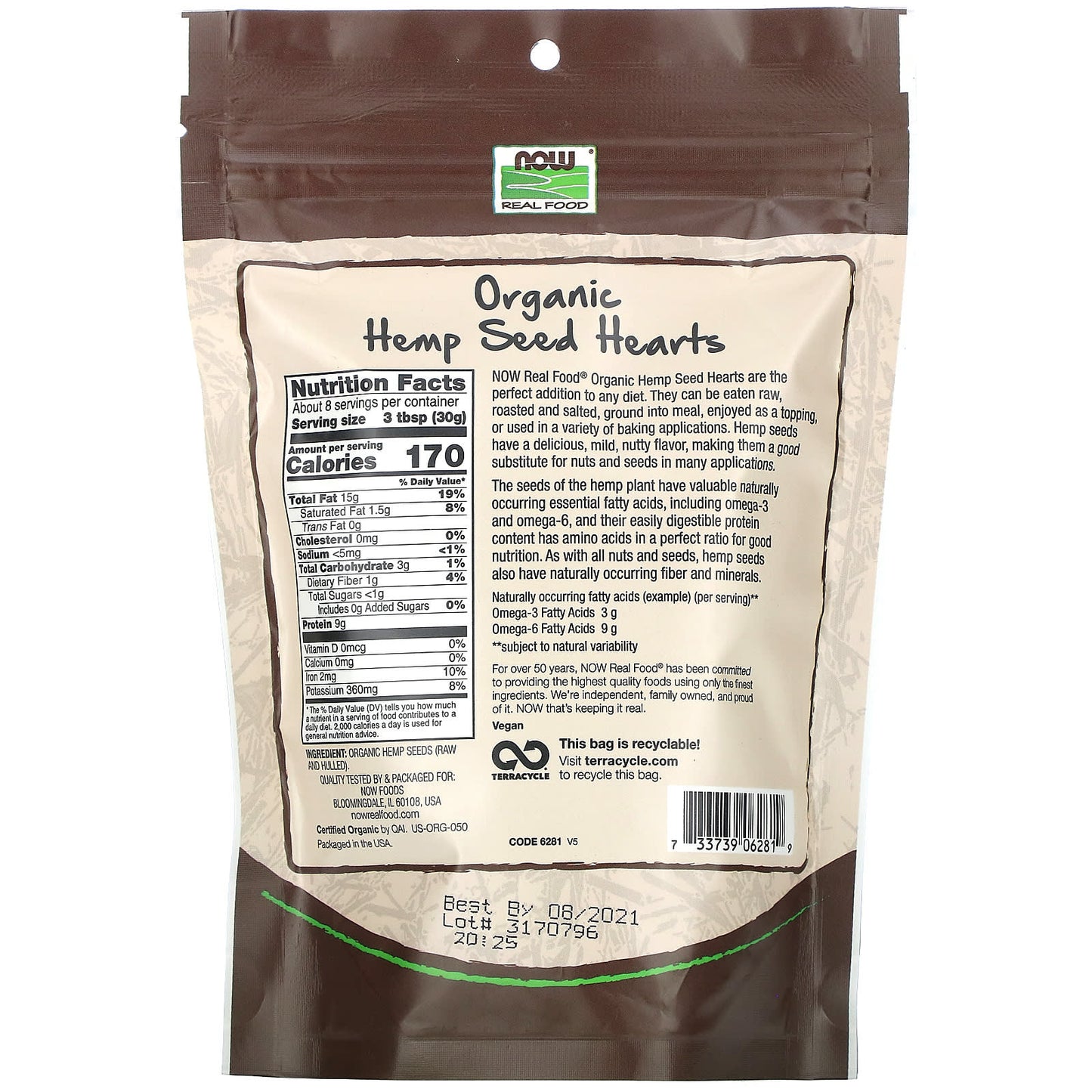 Now Foods, Organic Hemp Seed Hearts, 8 OZ OZ UPC 733739062819 | HiLife Vitamins