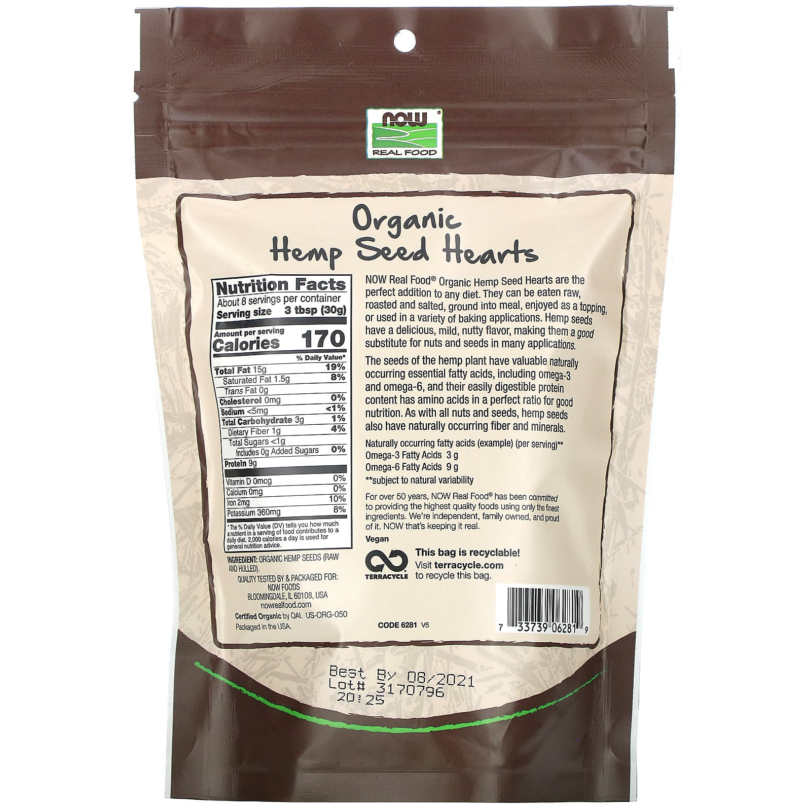 Now Foods, Organic Hemp Seed Hearts, 8 OZ OZ UPC 733739062819 | HiLife Vitamins