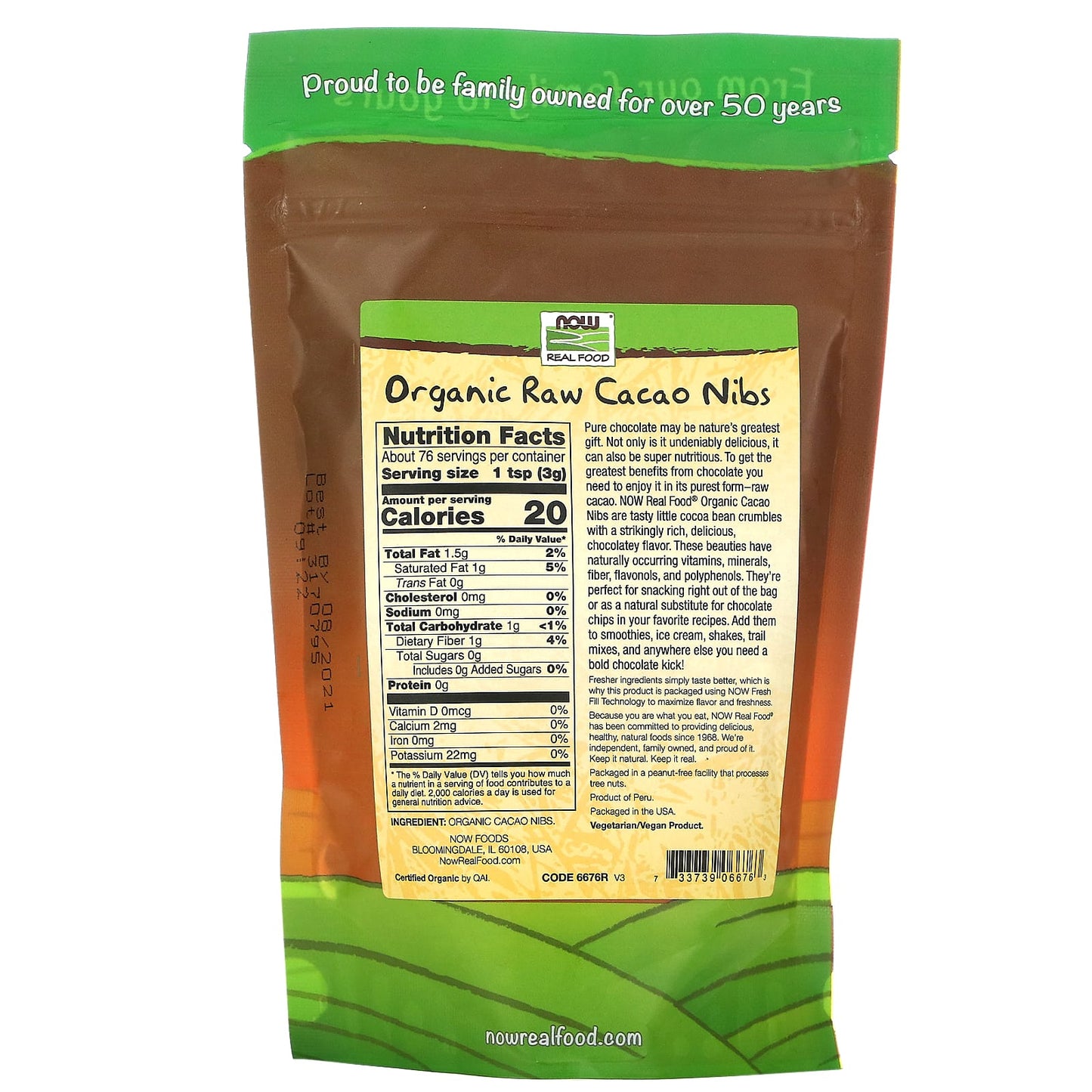 Now Foods, Organic Cacao Nibs Raw, 8 OZ OZ UPC 733739066763 | HiLife Vitamins