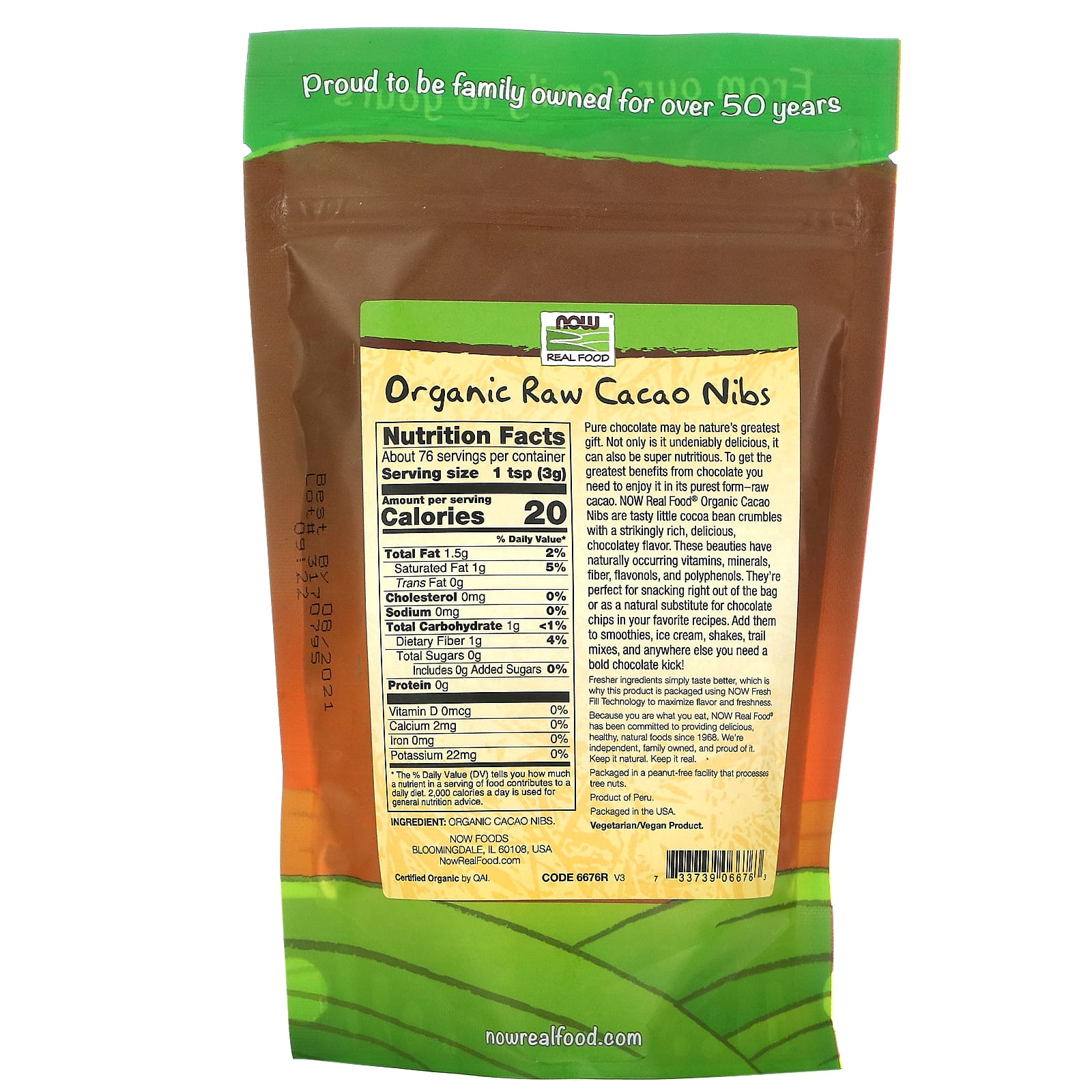 Now Foods, Organic Cacao Nibs Raw, 8 OZ OZ UPC 733739066763 | HiLife Vitamins