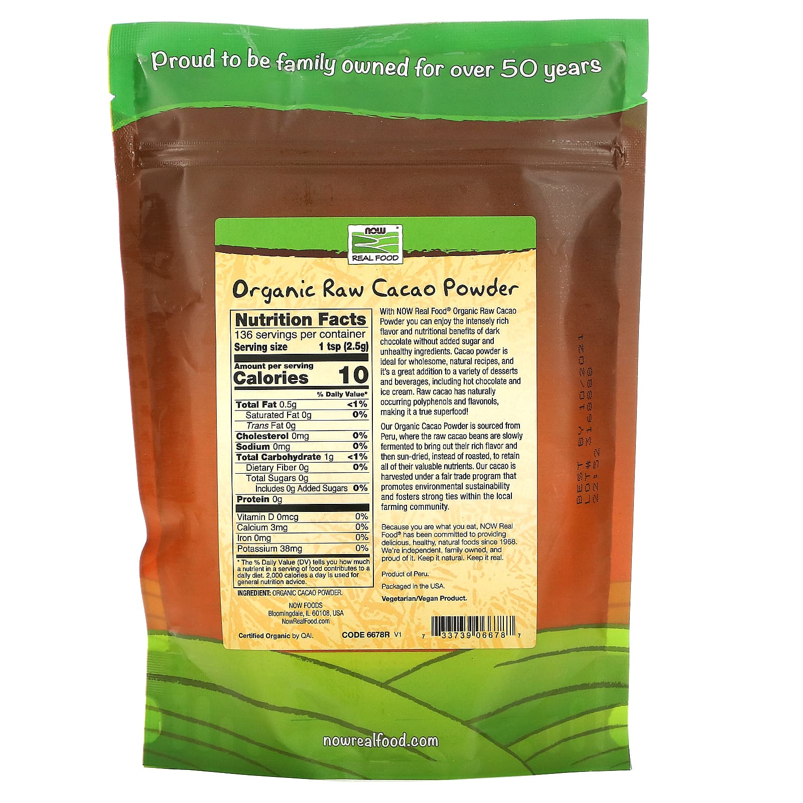Now Foods, Cacao Organic, 12 OZ Powder UPC 733739066787 | HiLife Vitamins