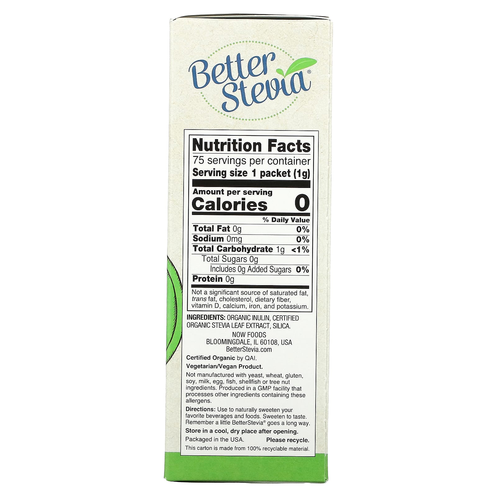 Now Foods, Better Stevia Organic, 75 Packets UPC 733739069429 | HiLife Vitamins