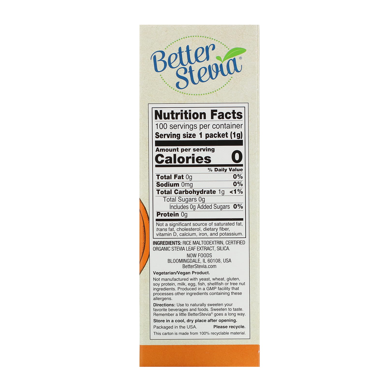 Now Foods, Better Stevia Original, 100 Packets UPC 733739069573 | HiLife Vitamins