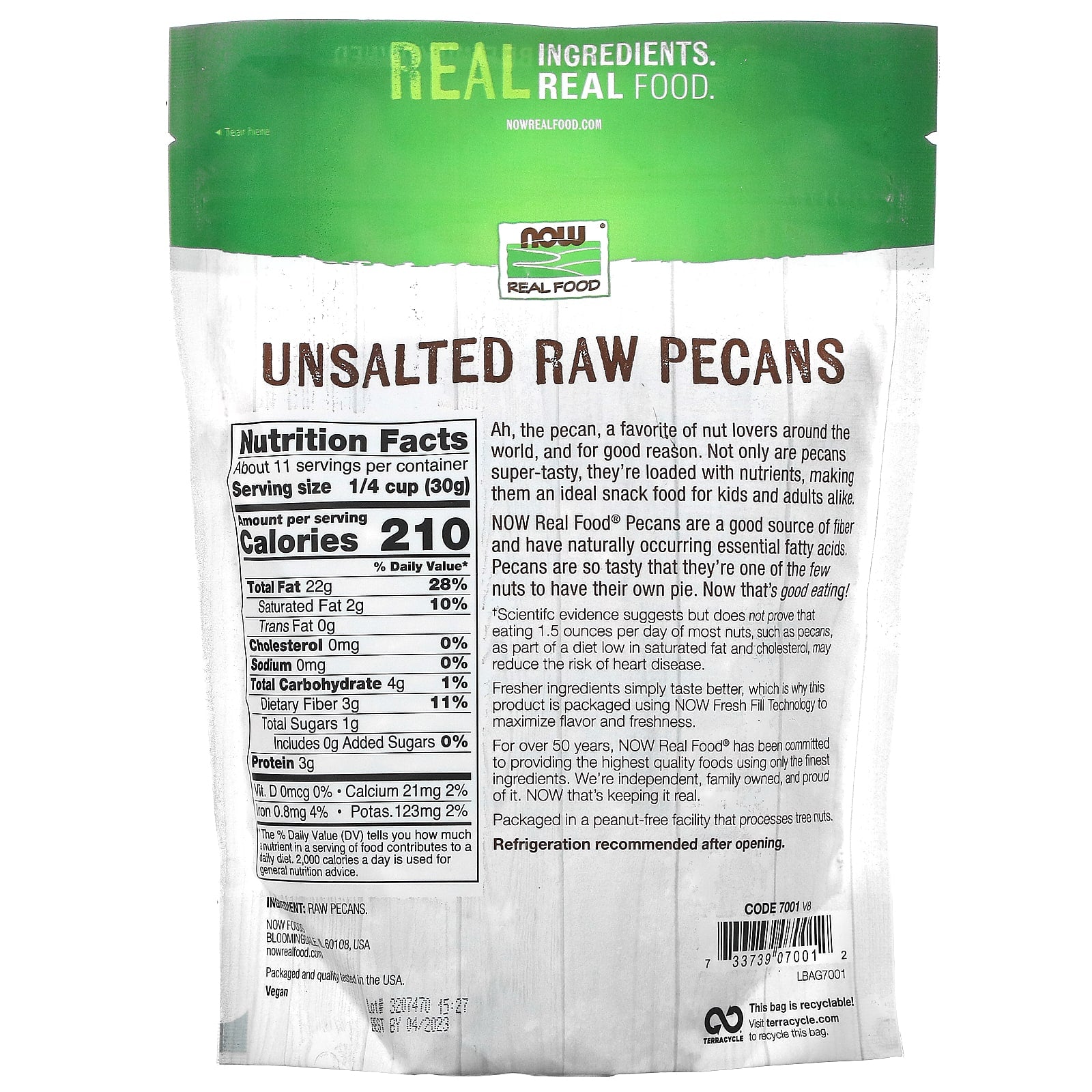 Now Foods, Pecans Raw, 12 OZ OZ UPC 733739070012 | HiLife Vitamins