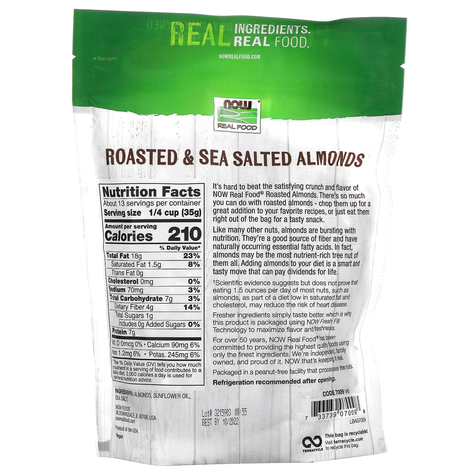 Now Foods, Almonds Rstd/Salted, 1 lb. LB UPC 733739070098 | HiLife Vitamins