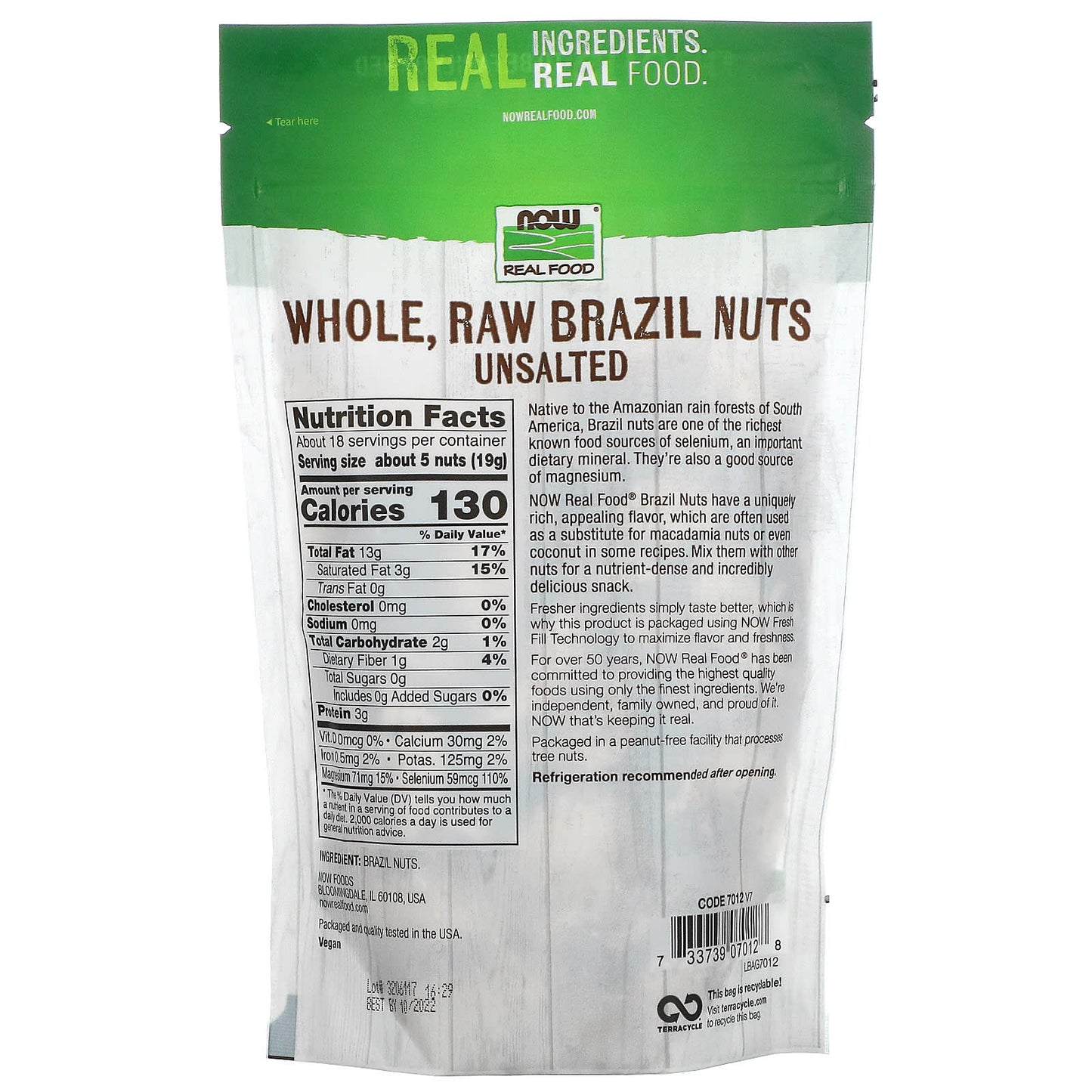 Now Foods, Real Food, Raw Brazil Nuts, Whole, Unsalted, 12 oz UPC 733739070128 | HiLife Vitamins