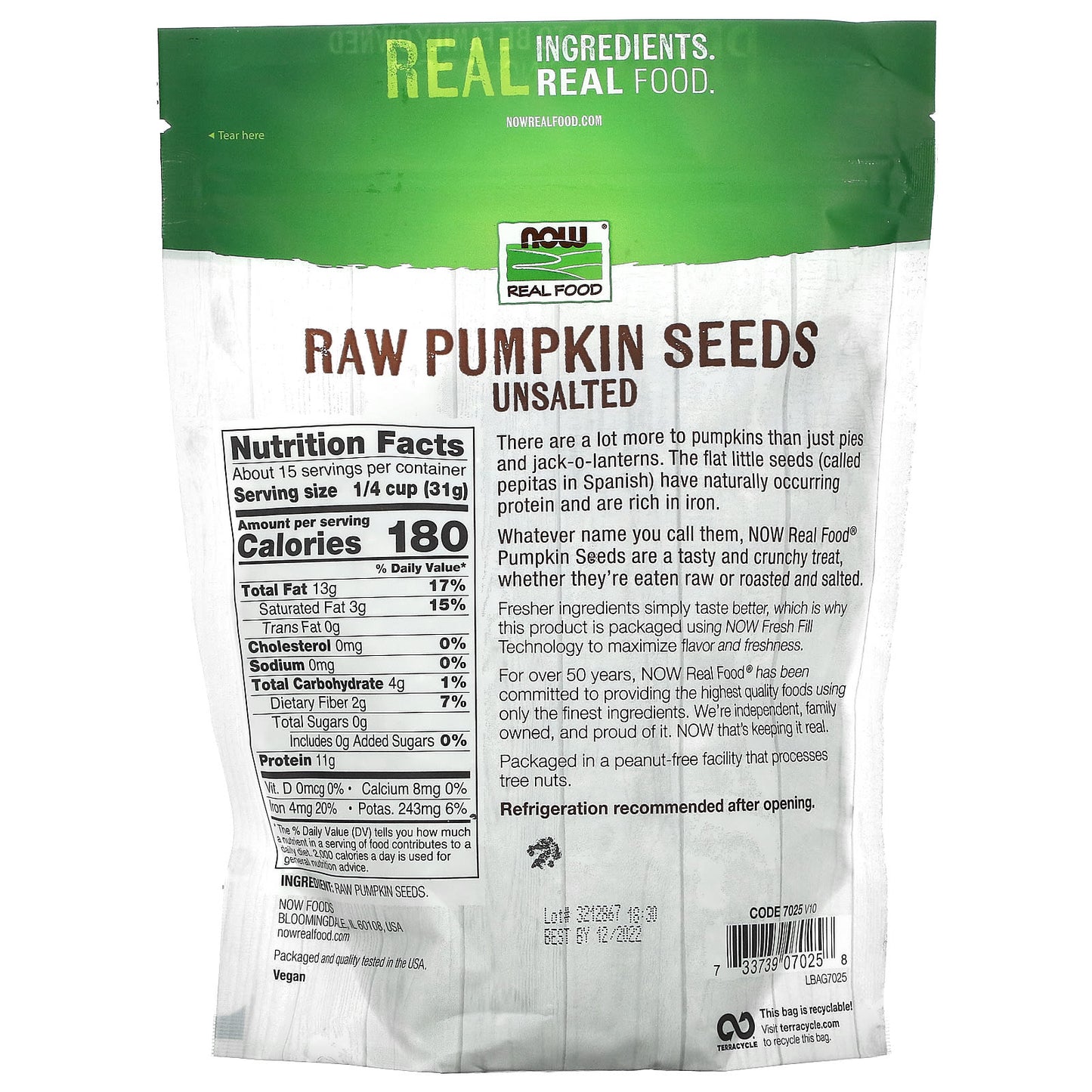 Now Foods, Real Food, Raw Pumpkin Seeds, Unsalted, 16 oz (454 g) UPC 733739070258 | HiLife Vitamins