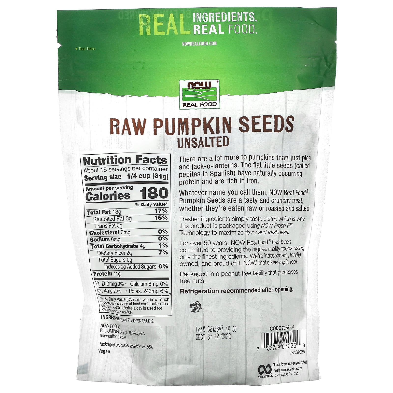 Now Foods, Real Food, Raw Pumpkin Seeds, Unsalted, 16 oz (454 g) UPC 733739070258 | HiLife Vitamins