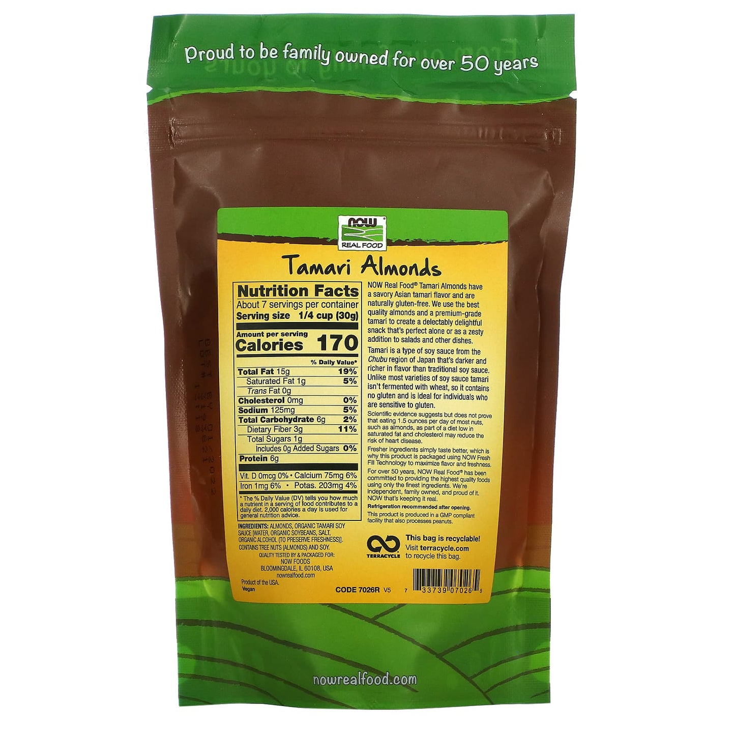Now Foods, Tamari Almonds, 7 OZ OZ UPC 733739070265 | HiLife Vitamins