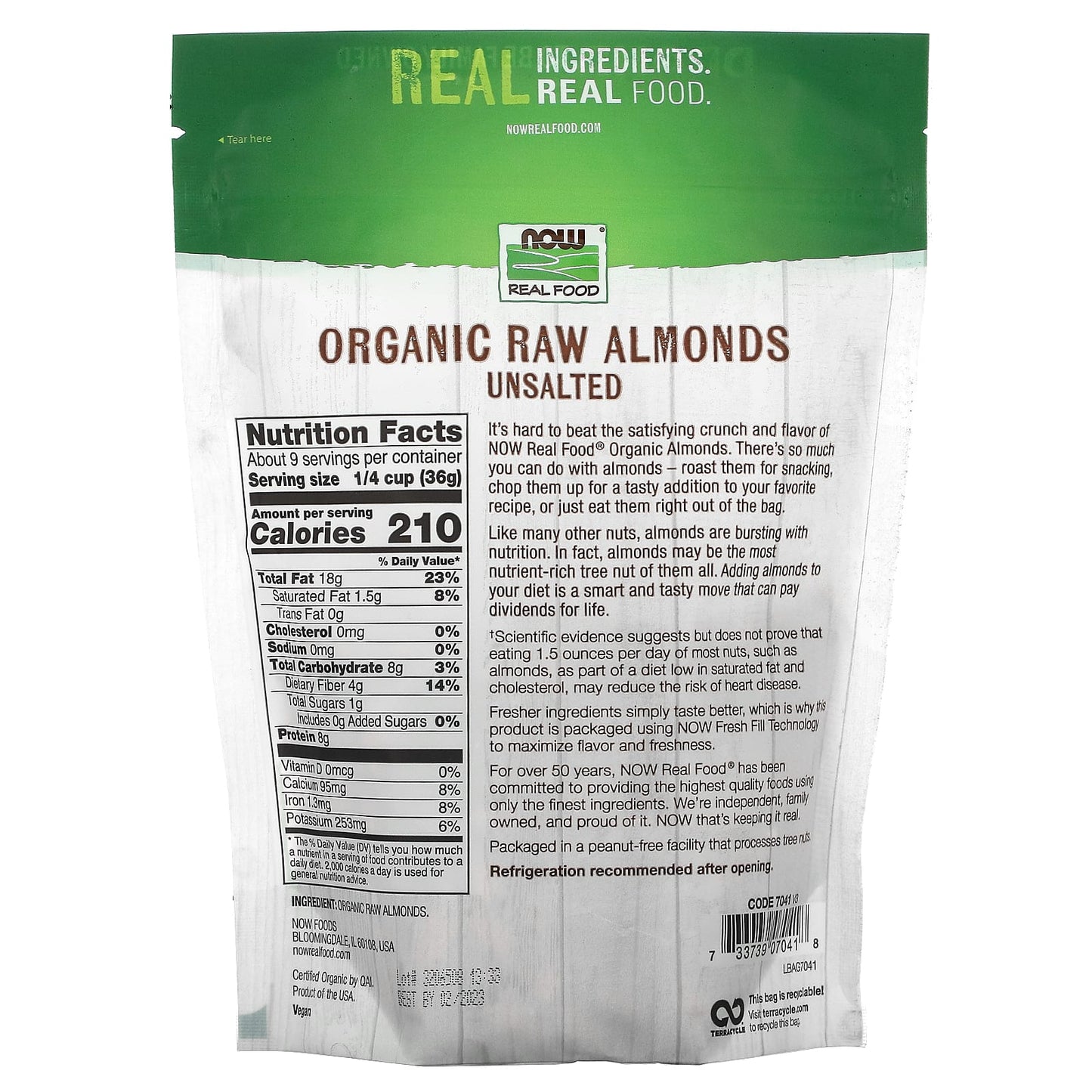 Now Foods, Organic Raw Shelled Almonds, 12 OZ OZ UPC 733739070418 | HiLife Vitamins