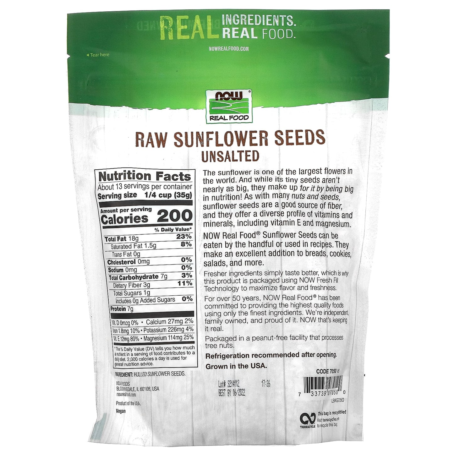 Now Foods, Sunflower Seeds Hulled Raw, 1 Capsules UPC 733739070500 | HiLife Vitamins