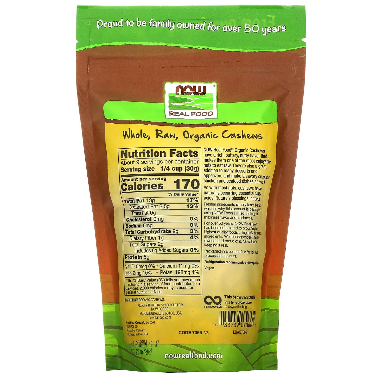 Now Foods, Organic Cashews, Raw, 10 OZ OZ UPC 733739070661 | HiLife Vitamins