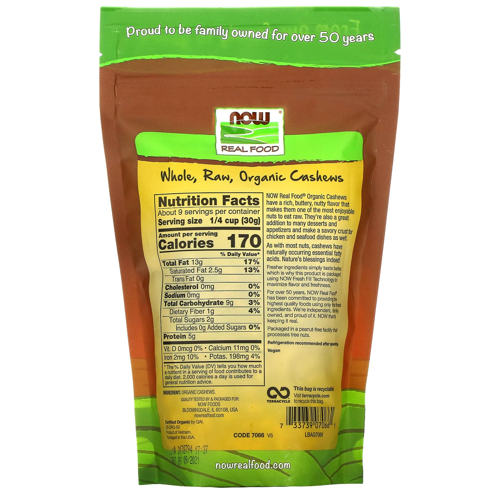 Now Foods, Organic Cashews, Raw, 10 OZ OZ UPC 733739070661 | HiLife Vitamins