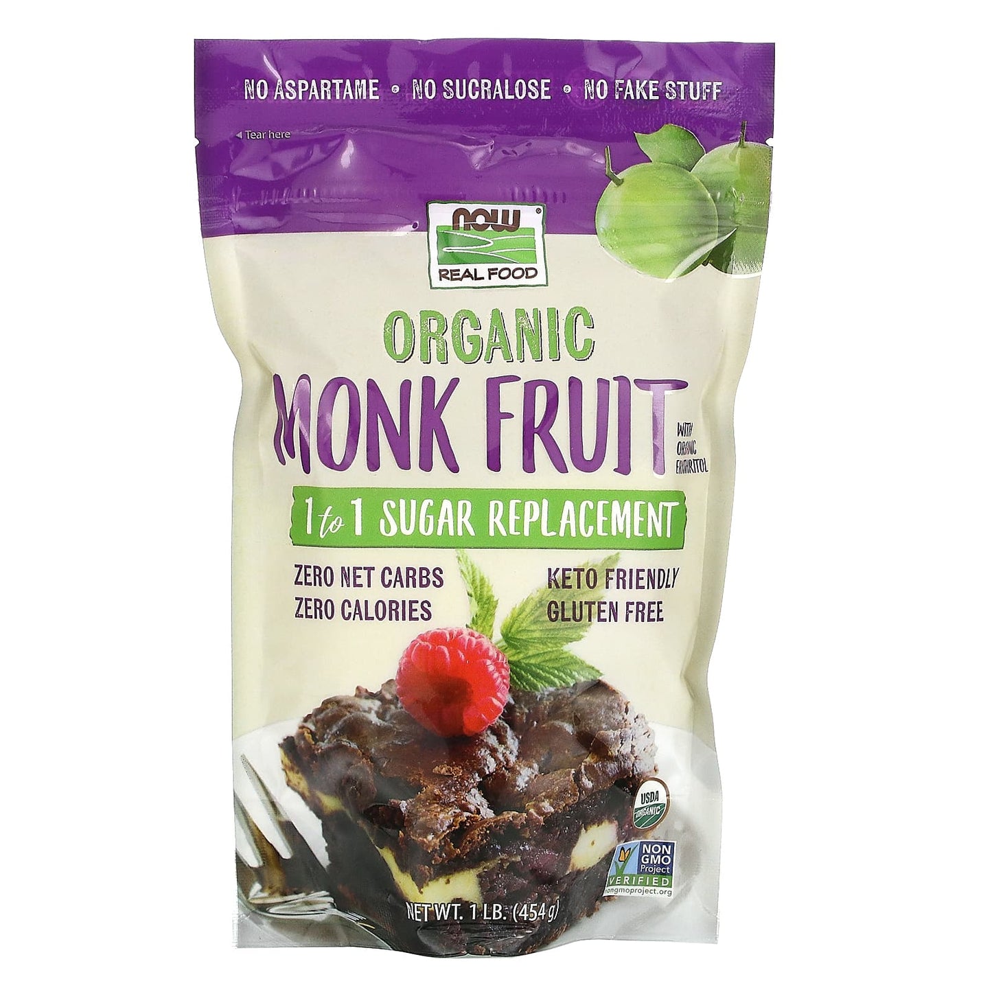 Now Foods, Real Food, Organic Monk Fruit, 1-to-1 Sugar Replacement, 1 Lb UPC 733739071248 | HiLife Vitamins