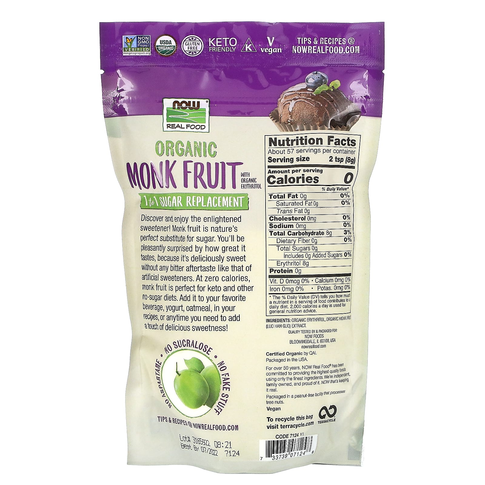 Now Foods, Real Food, Organic Monk Fruit, 1-to-1 Sugar Replacement, 1 Lb UPC 733739071248 | HiLife Vitamins