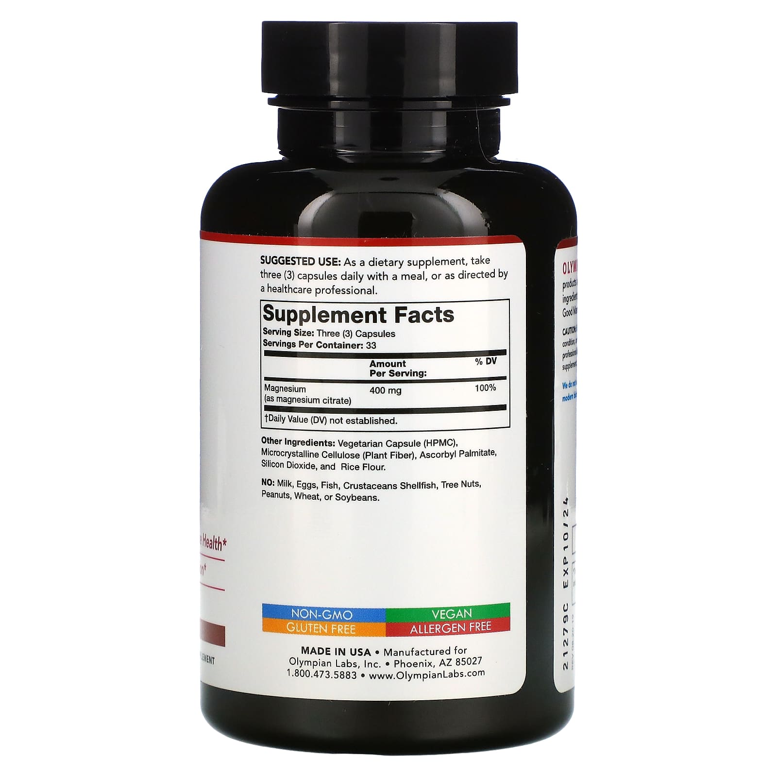 Olympian Labs, Magnesium Citrate 400mg, 100 Capsules UPC 710013003966 | Hilife Vitamins